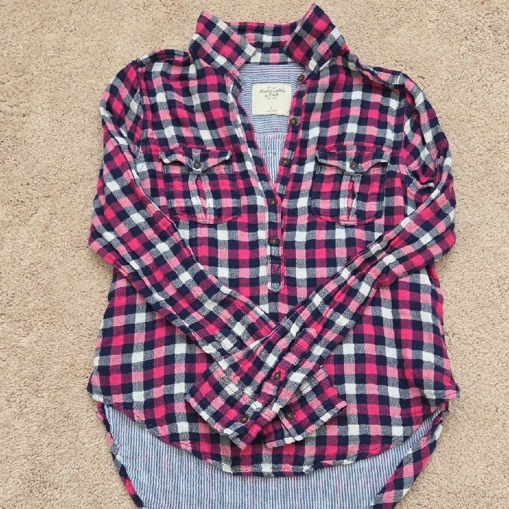 abercrombie Pink Navy & White Plaid 3/4 Button-Down Shirt
